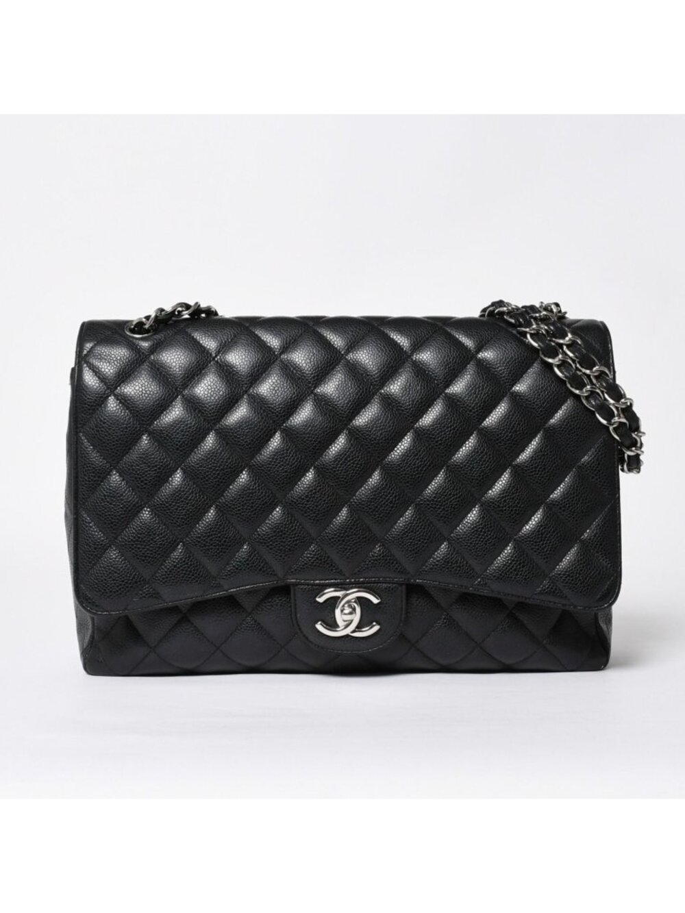 Chanel Maxi Quilted 33 Chain Shoulder Bag CC Logo Caviar Leather Black Silver